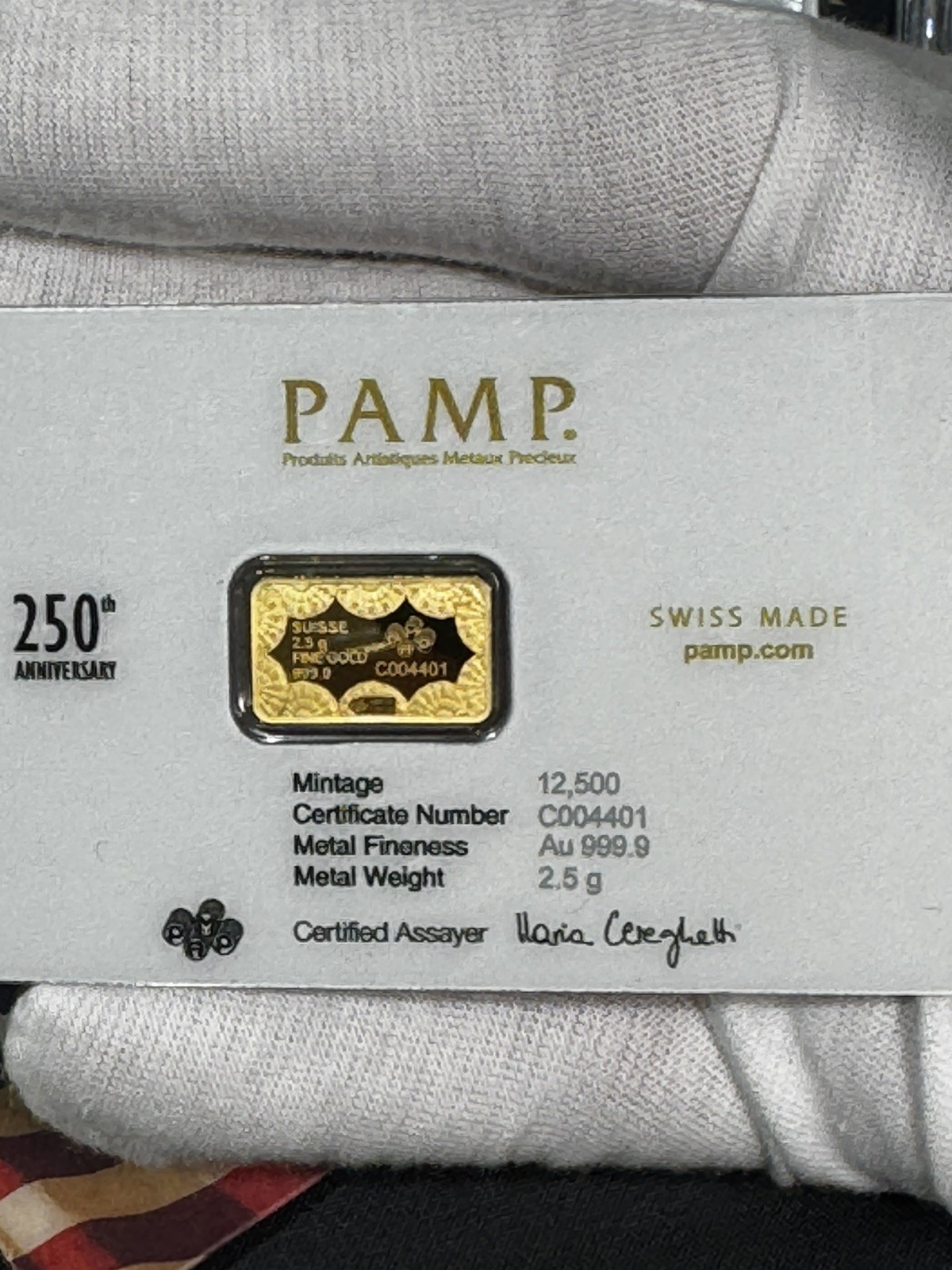 PAMP 2.5g Gold Bar America the Free 250th Anniversary USA Card