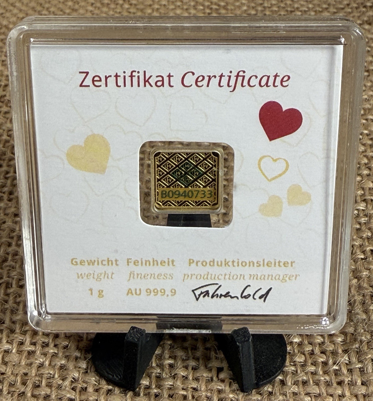 Geiger Original 1g Gold Bar 999.9 Fine Silver in Love Assay