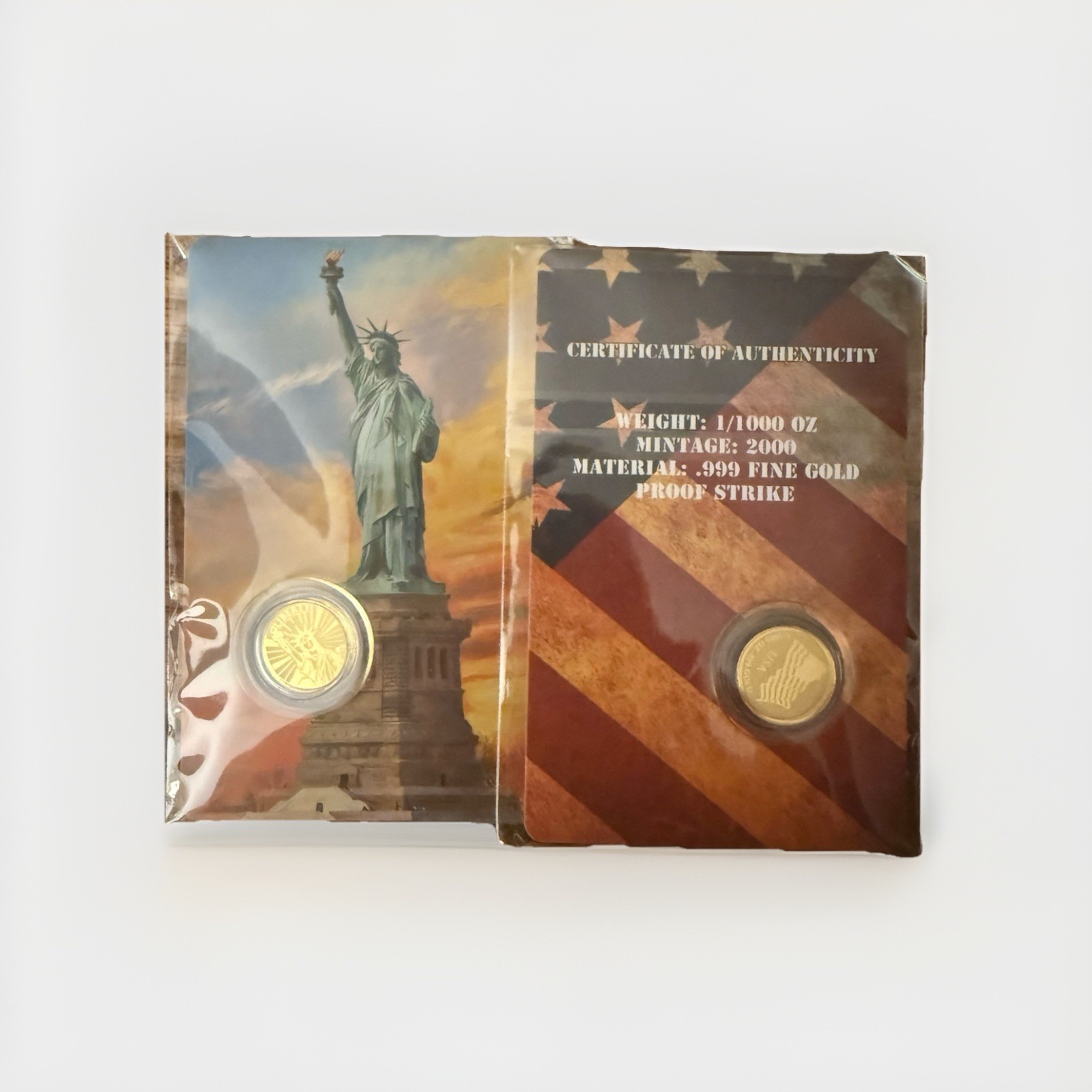 2 – USA 1/1000 oz .999 Fine Gold Proof Round USA Flag/Liberty, COA Mintage 2000