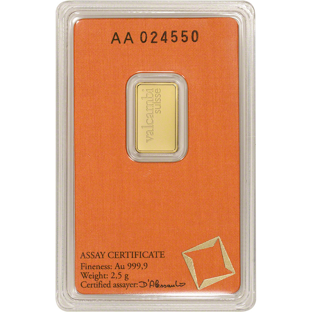 2.5 gram Gold Bar – Valcambi Suisse – 999.9 Fine in Sealed Assay