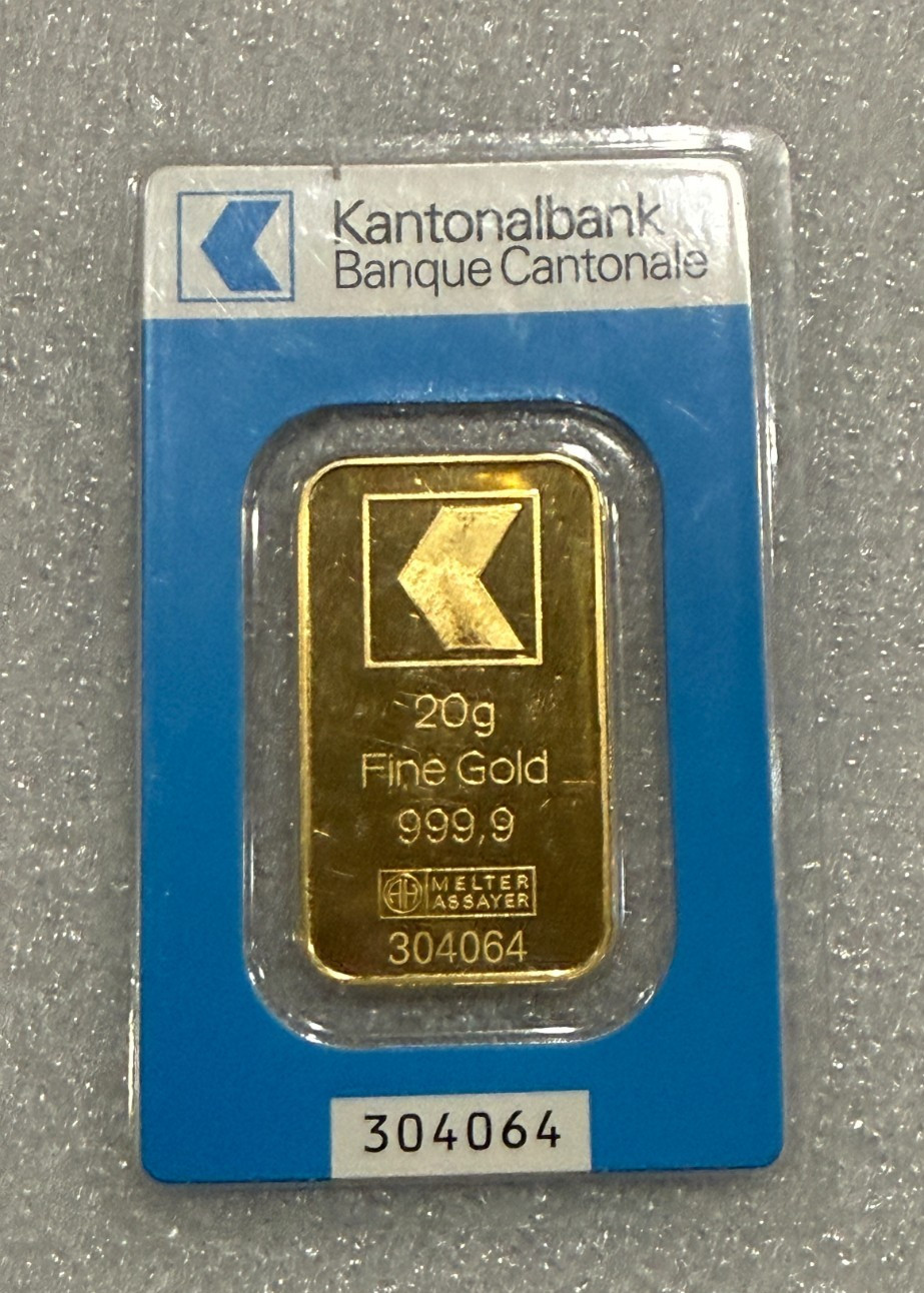 RARE KANTONALBANK SEALED 20 GRAM 999.9 PURE GOLD BAR IN ASSAY ~ SERIAL # 304064