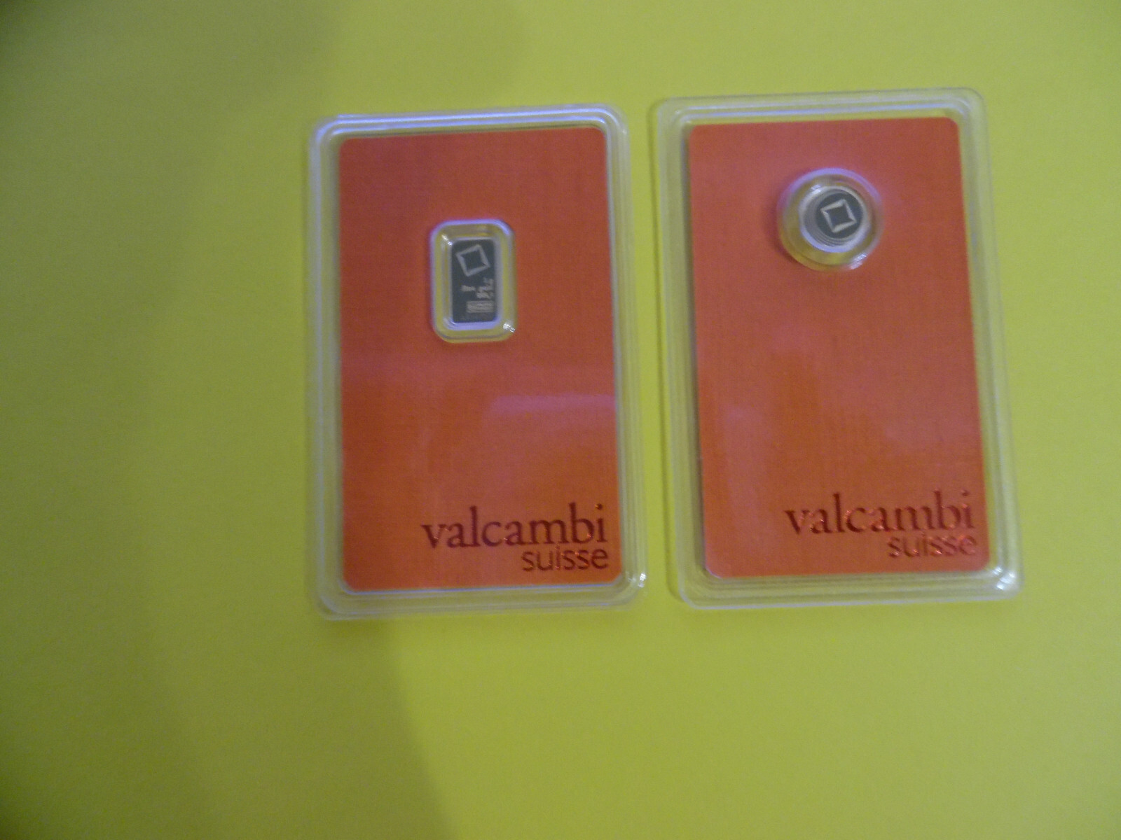 2 Lot 1 Gram each .9999 Fine Gold Bar and Round Valcambi Logo Assay