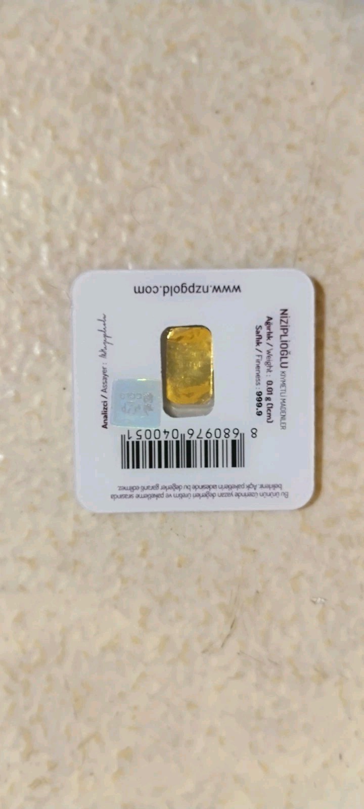 .01 Gram 999.9% 24 karat solid gold. sigma verified. Special hologram.