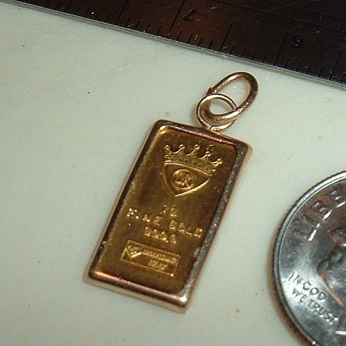 24K ITALY 999.9 FINE GOLD INGOT BAR 14K GOLD BEZEL CHARM PENDANT NECKLACE 1.3g