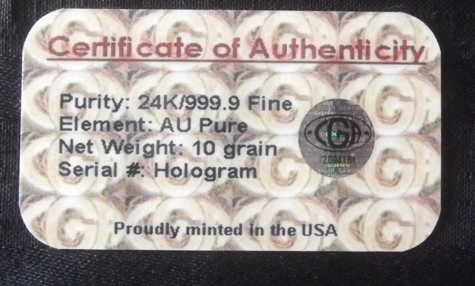 10 GRAlN(NOT GRAM) 24K PURE.999 CALIFORNIA COA GOLD BULLION BAR Bin23