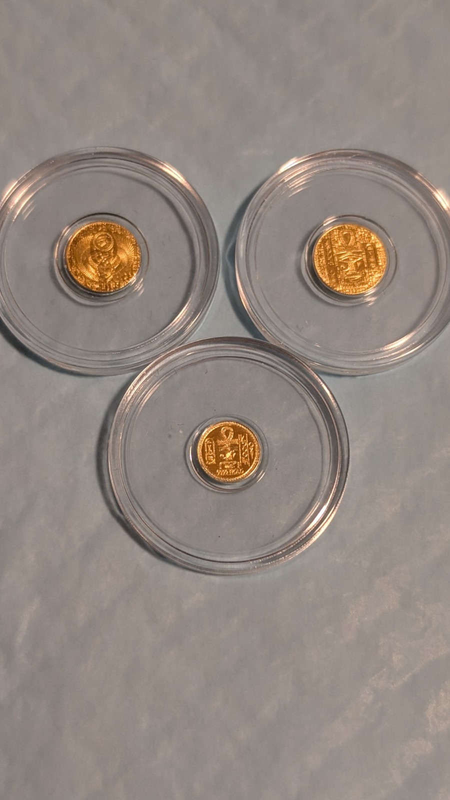 Lot of 3 .9999Pure Gold Rounds-2 1/200 oz Egyptian Scarab & 1 1/500 oz Eye of Ra