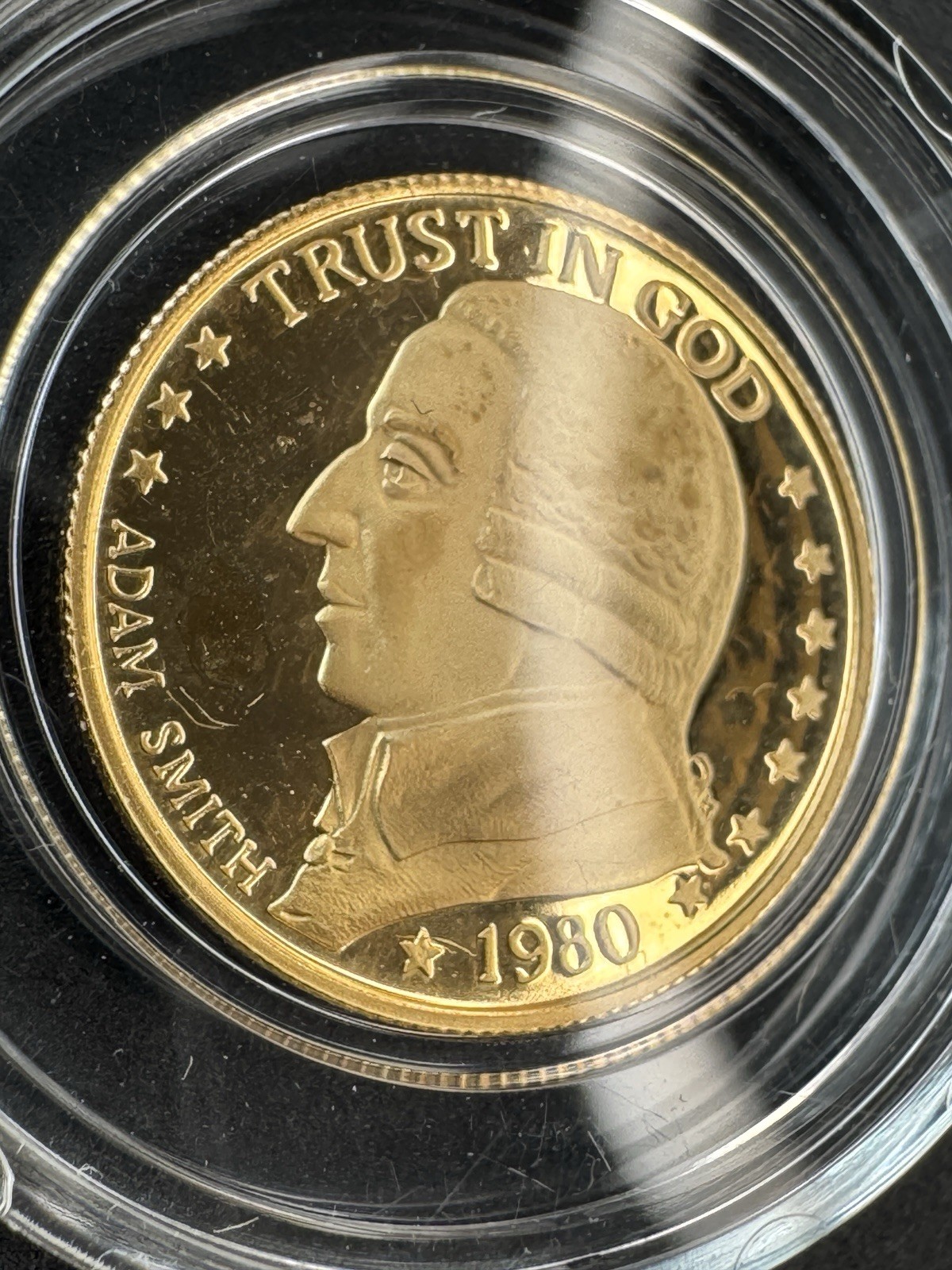 Rare 1980 1/10 oz .999 Gold Proof * Gold Standard Corporation Round * Adam Smith