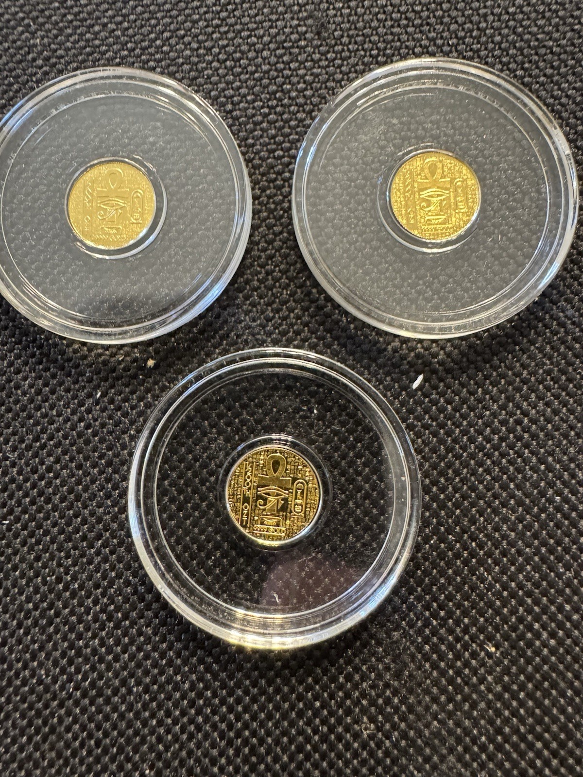 Lot of 3 • 1/200 oz .9999 Fine Gold Rounds •Eye of Horus & Ankh •Egypt Design BU