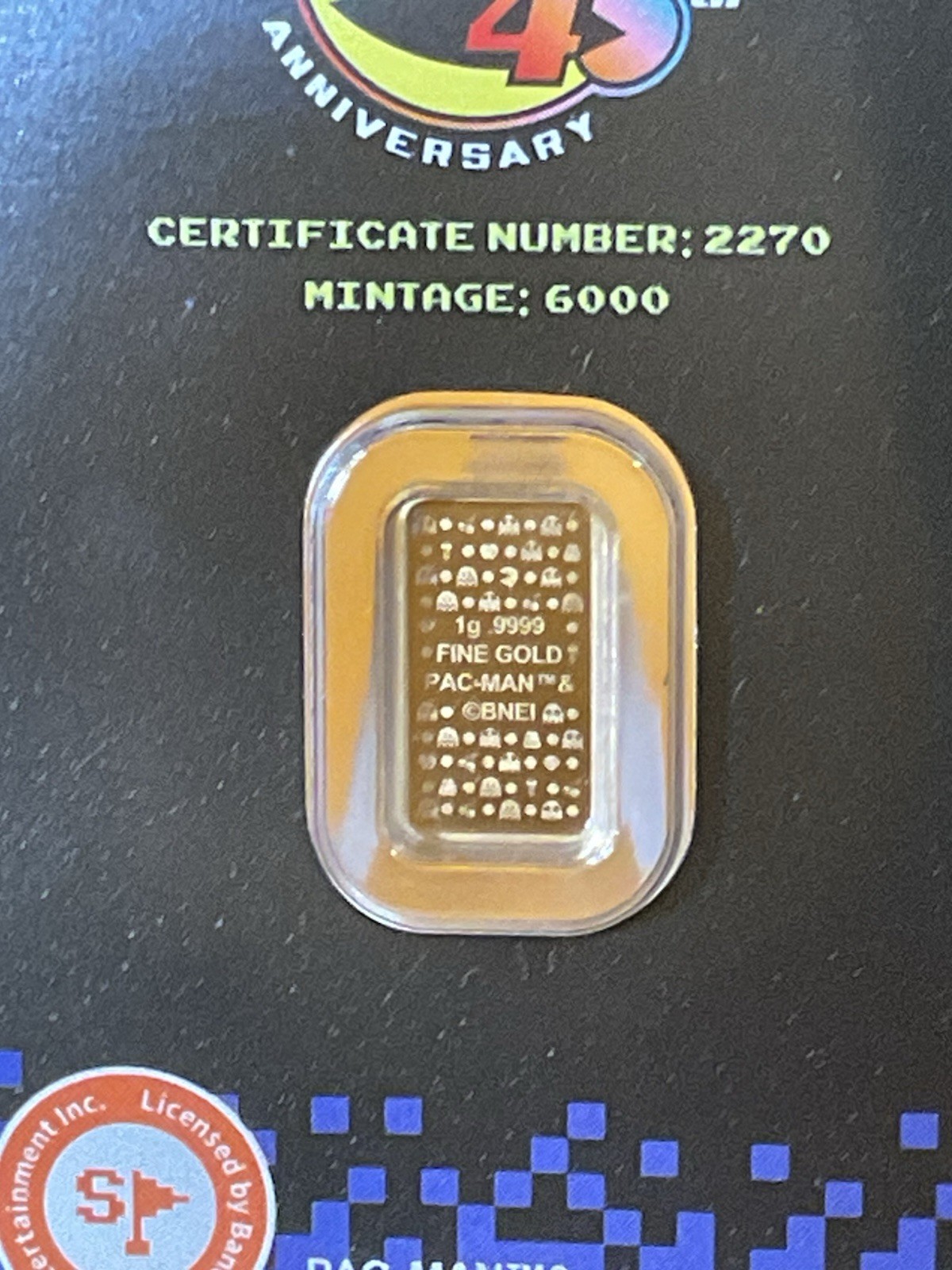 2025 PACMAN 45th ANNIVERSARY 1gr .9999 GOLD BAR IN TEP #2270 limited mintage