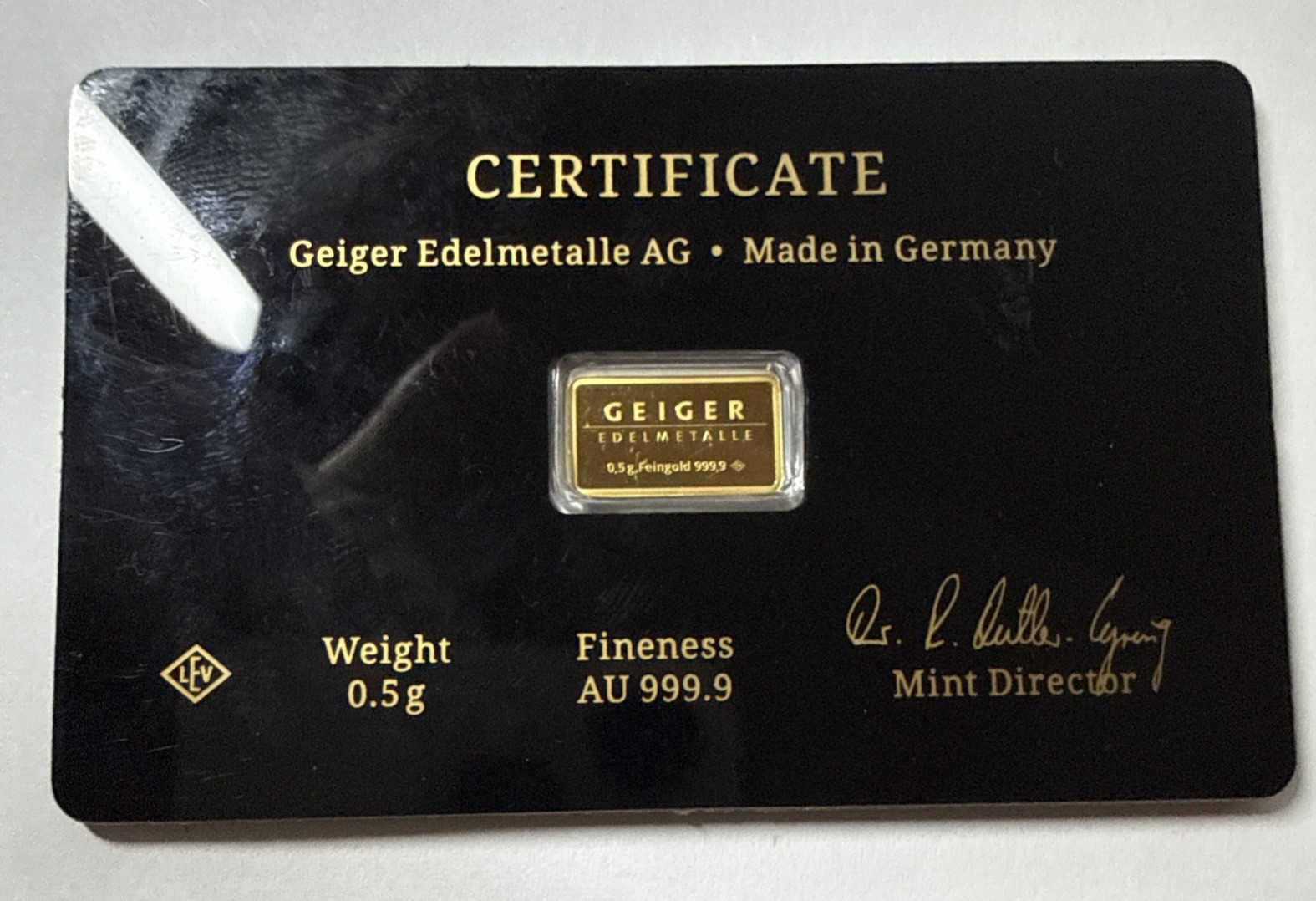 Geiger Schloss Guldengossa Vintage Edition Carded Gold Bar .5 Gram .999 Fine