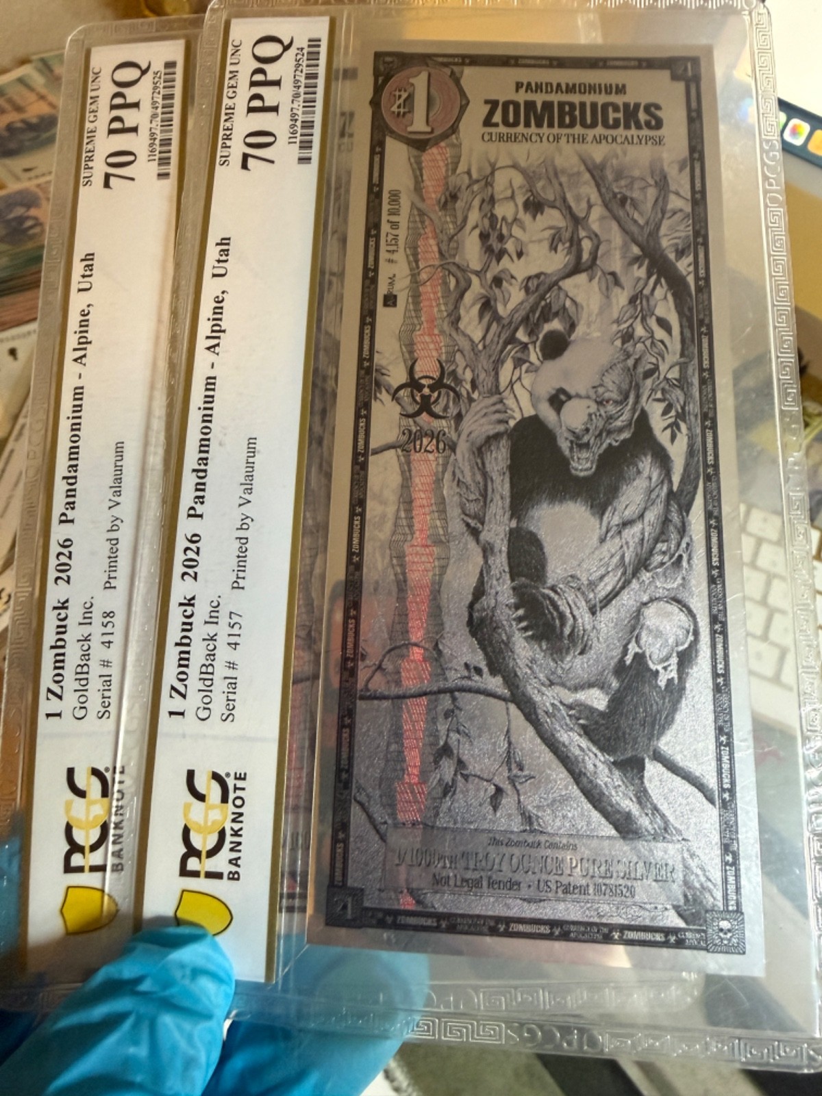 1 ZomBucks PANDA, PCGS 70 GEM, PURE Aurum SilverBack 1/1000 Troy oz., Lot Of 2