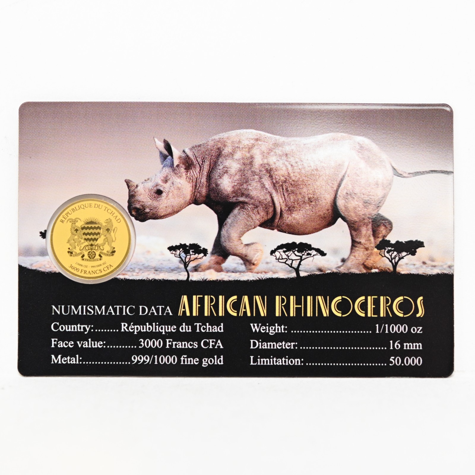 African Rhinoceros 1/1000-oz .999 Gold Coin 3000 Francs Republic of Chad