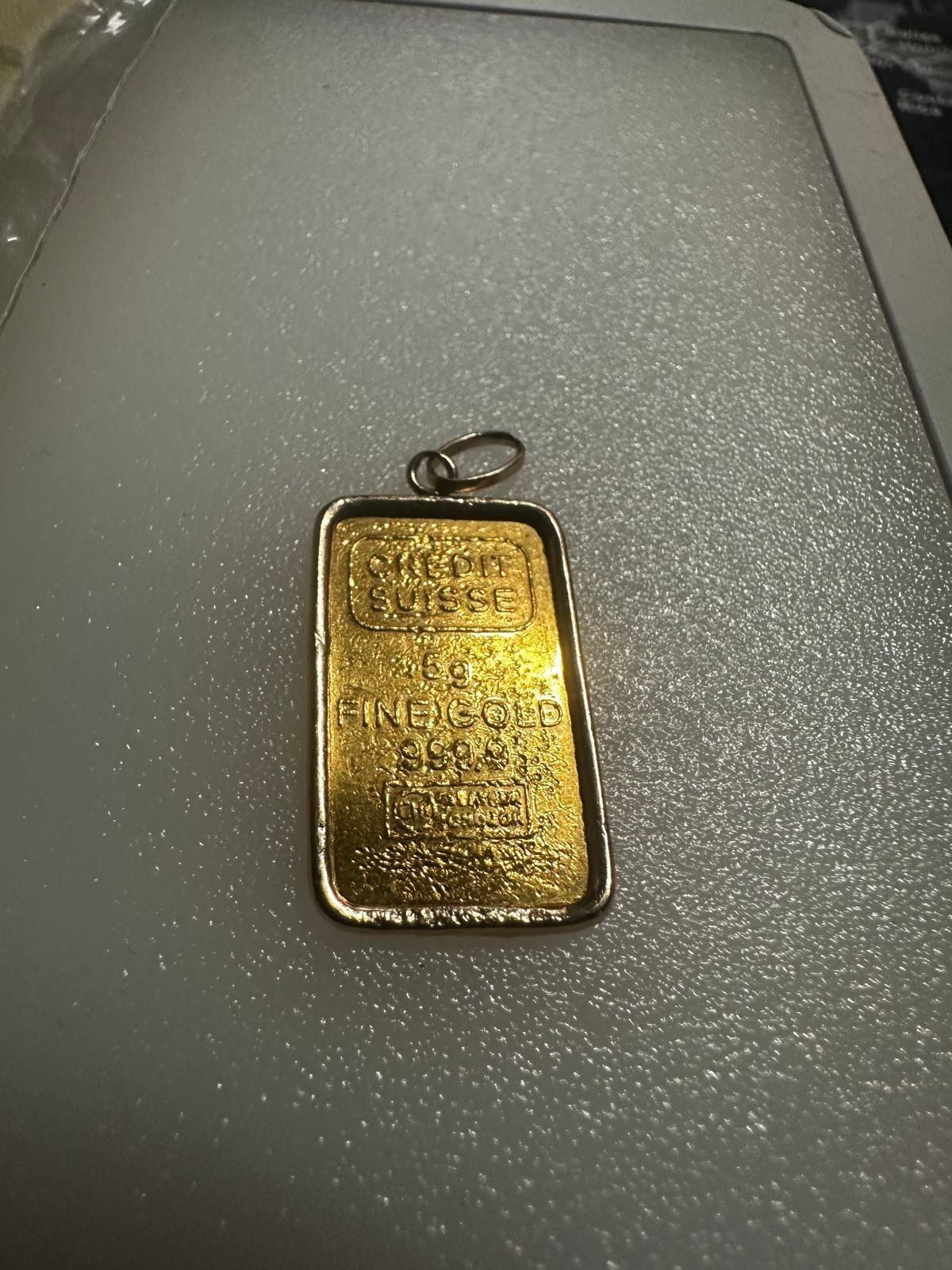 Vintage 1979 Credit Suisse 5g .9999 Gold Bar w/ Assay Cert & 14K Bezel Pendant