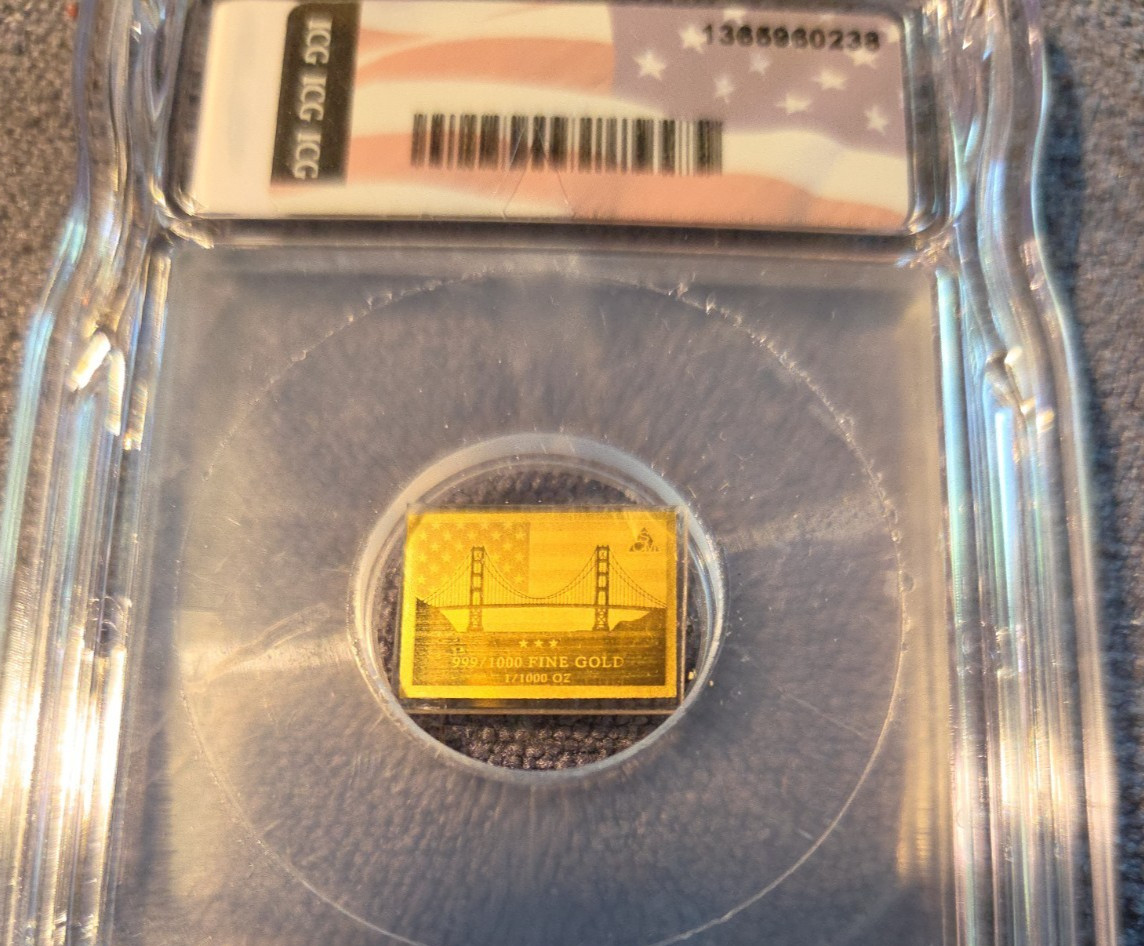ICG Golden Gate Bridge SCM 1/1000 oz .999 Gold Round ICG MS 70