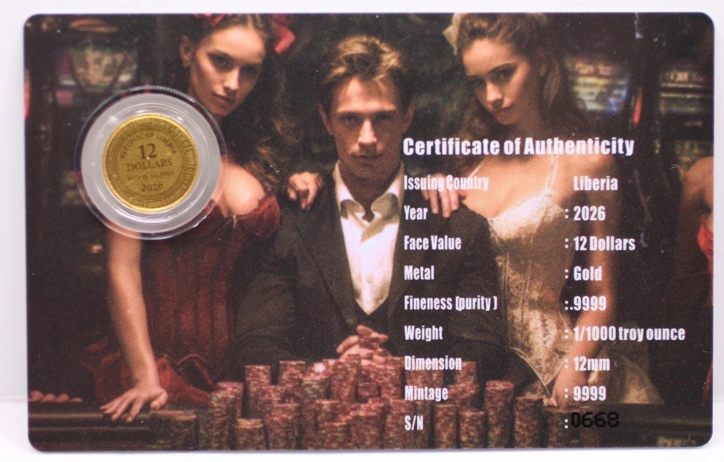 2026 Liberia Las Vegas 1/1000 oz .9999 Fine Gold Coin Assay Card w/COA $12