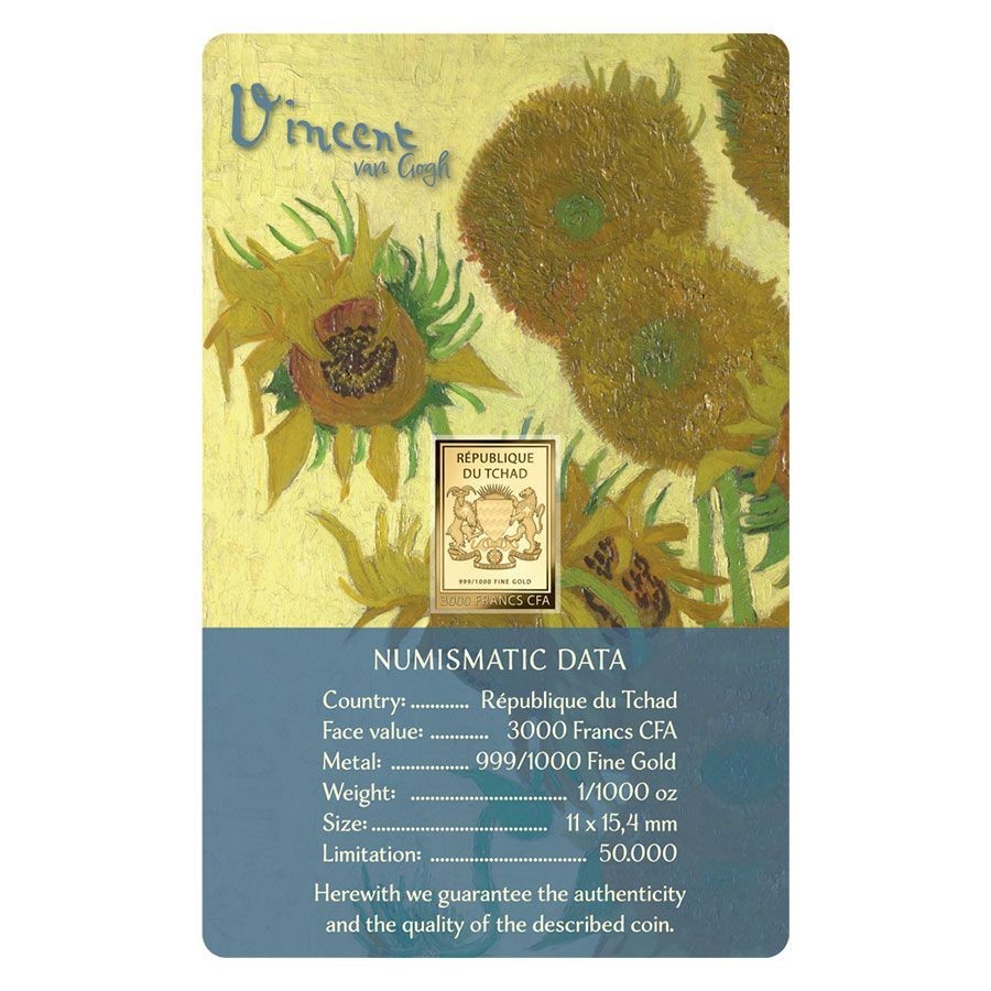 Vincent Van Gogh Sunflowers 1/1000 Oz 999 Gold in Coin card 3000 Francs Chad