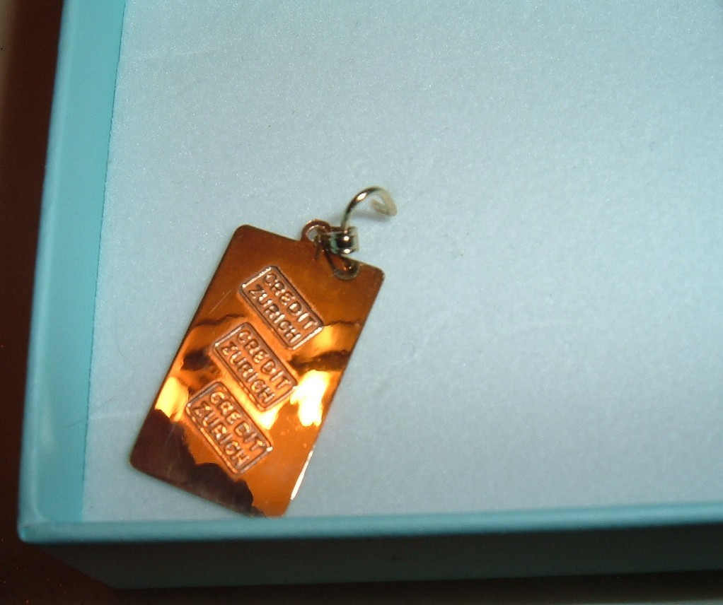 SOLID FINE 10K GOLD .416 BAR 1 GRAM INGOT CREDIT ZURICH PENDANT CHARM 2MM BAIL