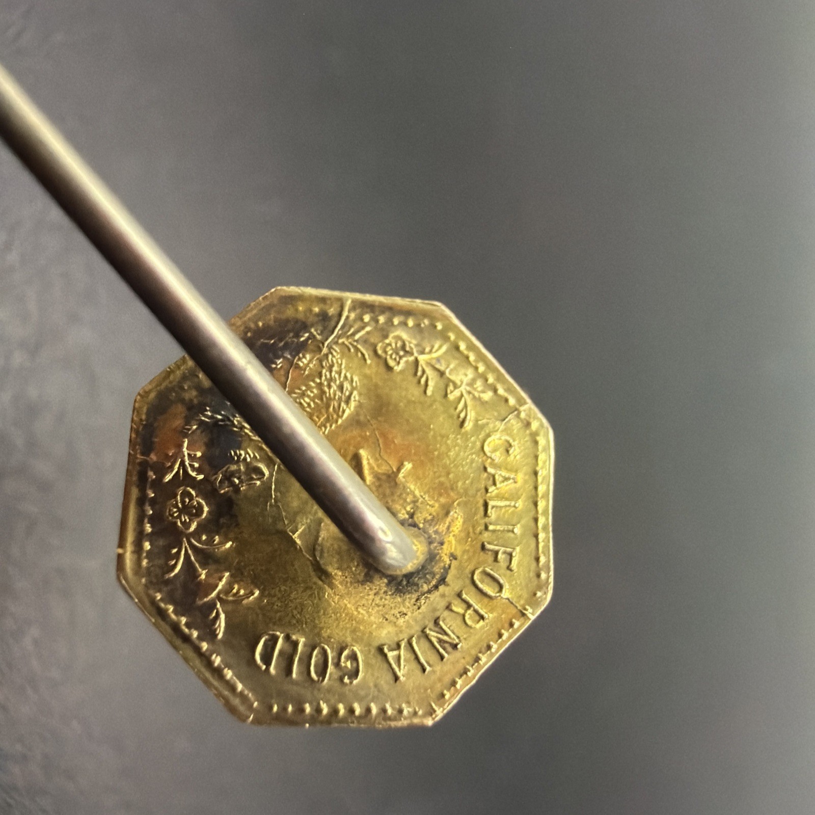 1856 – Liberty Head/Bear. 1/2 California Gold Fractional token octg lapel pin