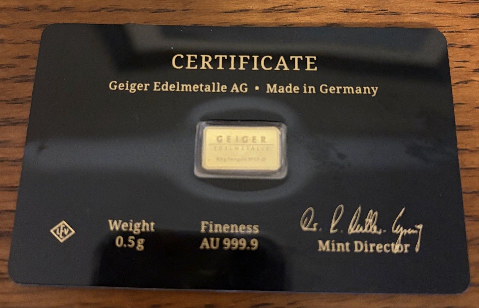 Geiger Edelmetalle AG 0.5 Gram Gold Fineness AU 999.9 German. Vintage Edition.