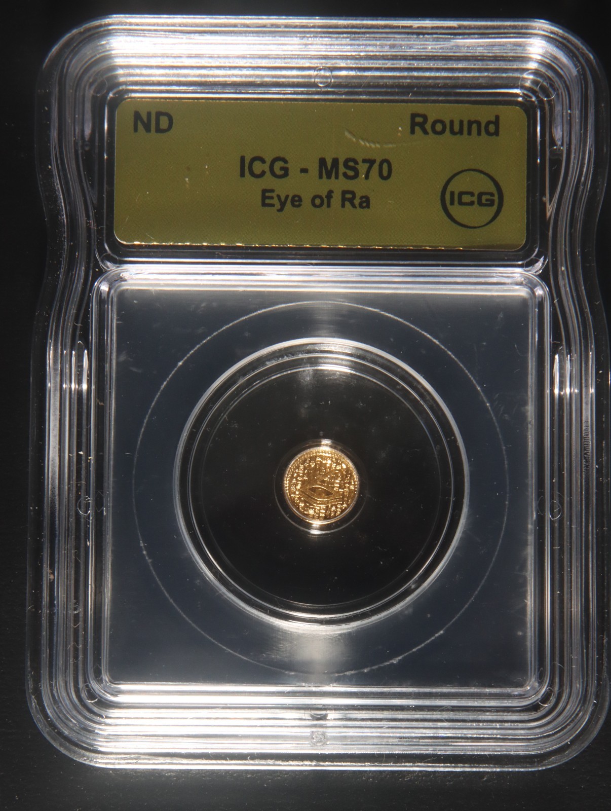 ND EYE OF RA 1/500 oz .9999 Gold ICG MS70 Lot 160851