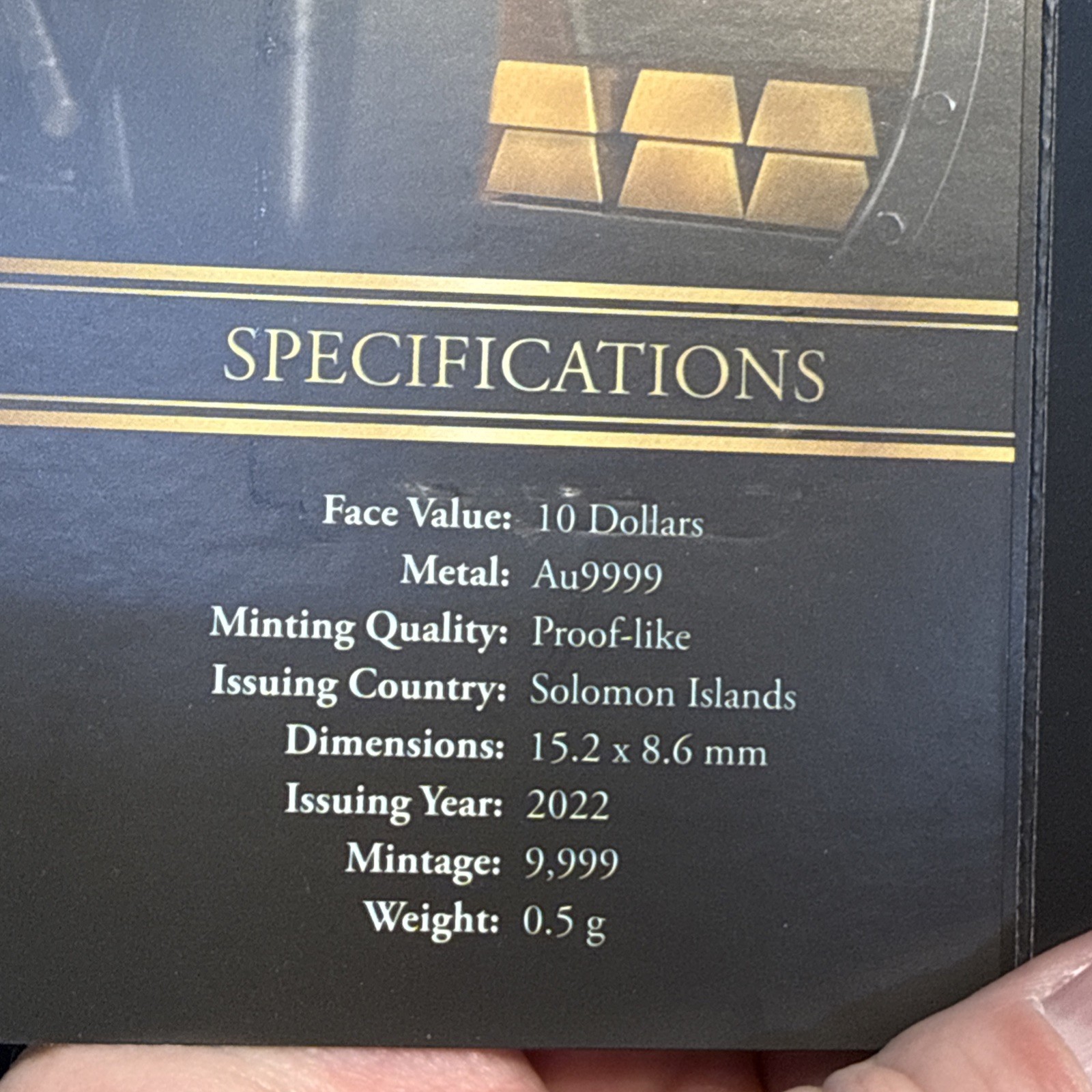 Solomon Islands 2022 Gold Bar 1/2g 999.9 Proof 1/2g Precious Metal Content