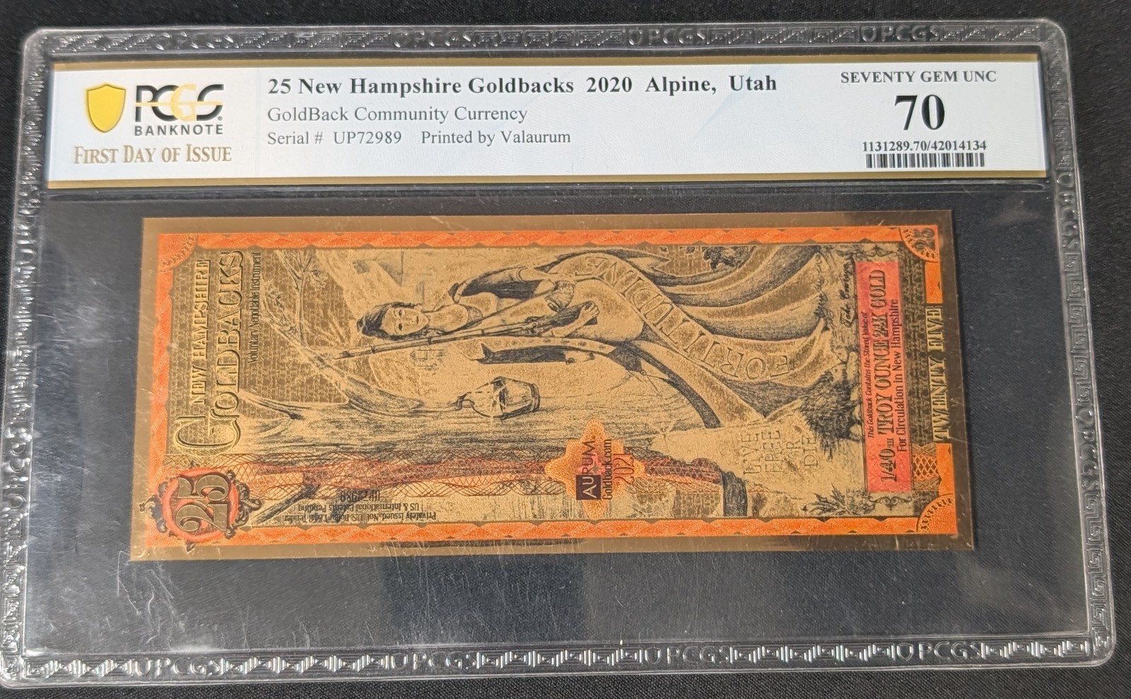 2021 New Hampshire 25 Goldback ~ PCGS GEM 70 First Day of Issue ~ 9601 Produced