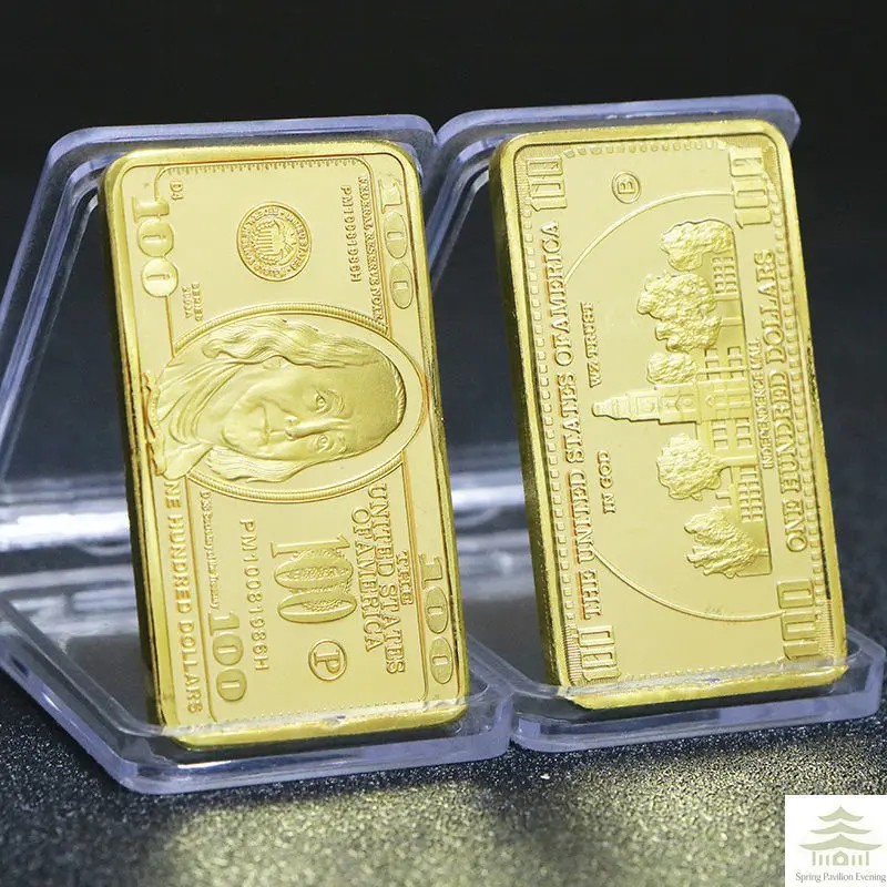USA 100 Dollar Gold Tone Commemorative Souvenir Bar Metal Collectible w/Gift Box
