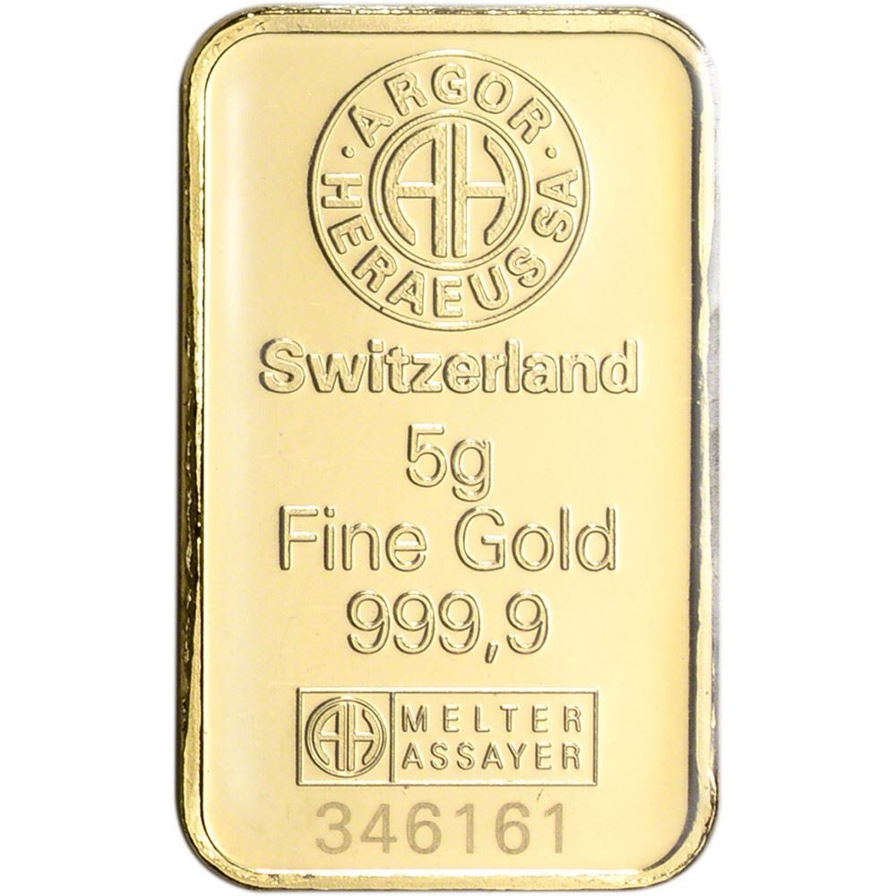 5 gram Gold Bar – Argor Heraeus – 999.9 Fine in Assay