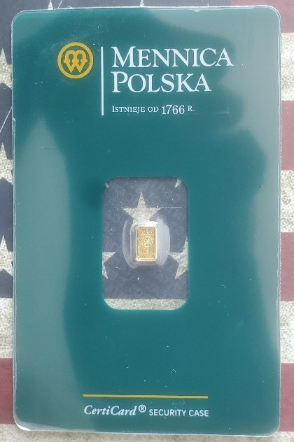 1/4 Gram Mennica Polska Gold Bar 999.9 AU Fine, in Assay Card