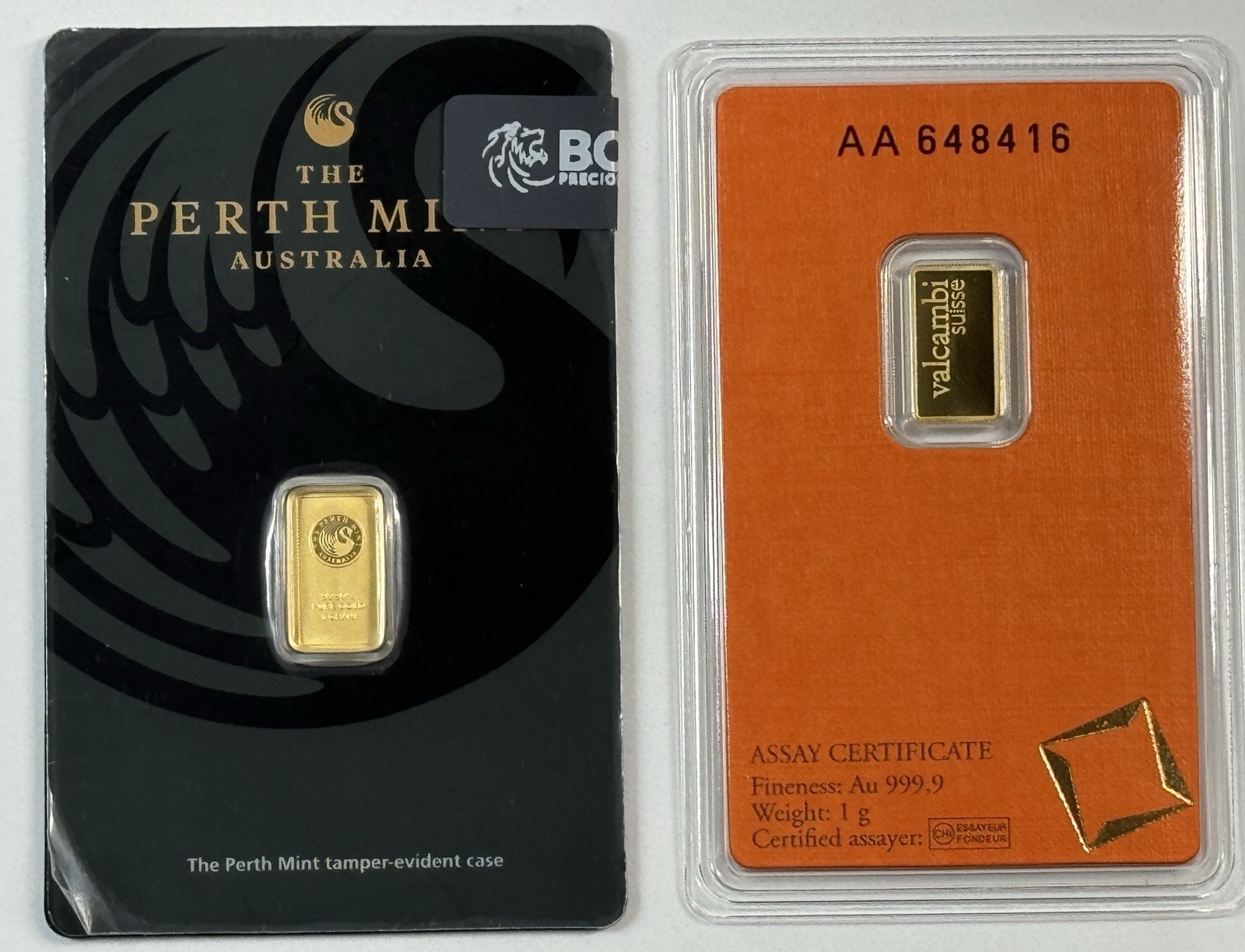 TWO Grams (1g Valcambi Suisse +1g Perth Mint) 999.9 FineGold Bars Sealed Assays