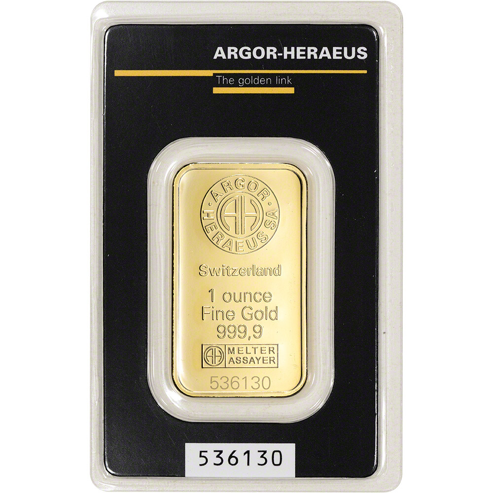 1 oz. Gold Bar – Argor Heraeus – 999.9 Fine in Assay