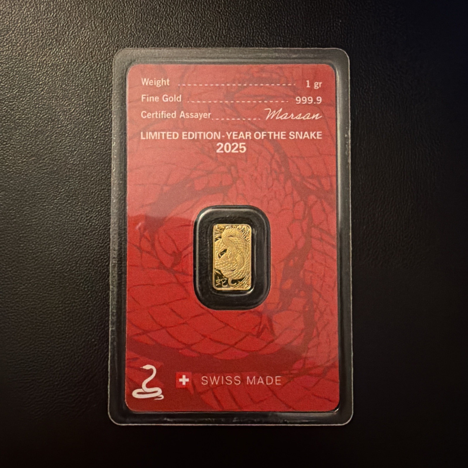 A 2025 Year of the Snake 1g Gold Bar Argor-Heraeus 999.9 Swiss Made