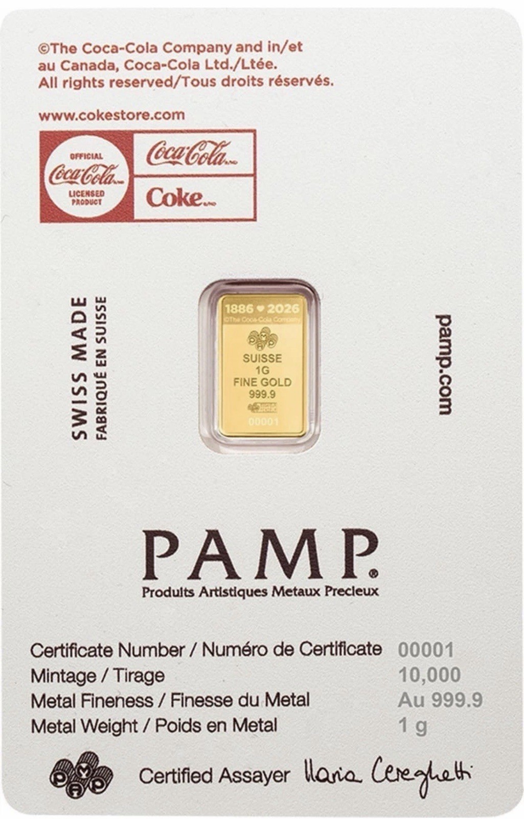 1 Gram Gold Bar PAMP Coca-Cola Valentine’s Love Bar .9999 Fine In Assay
