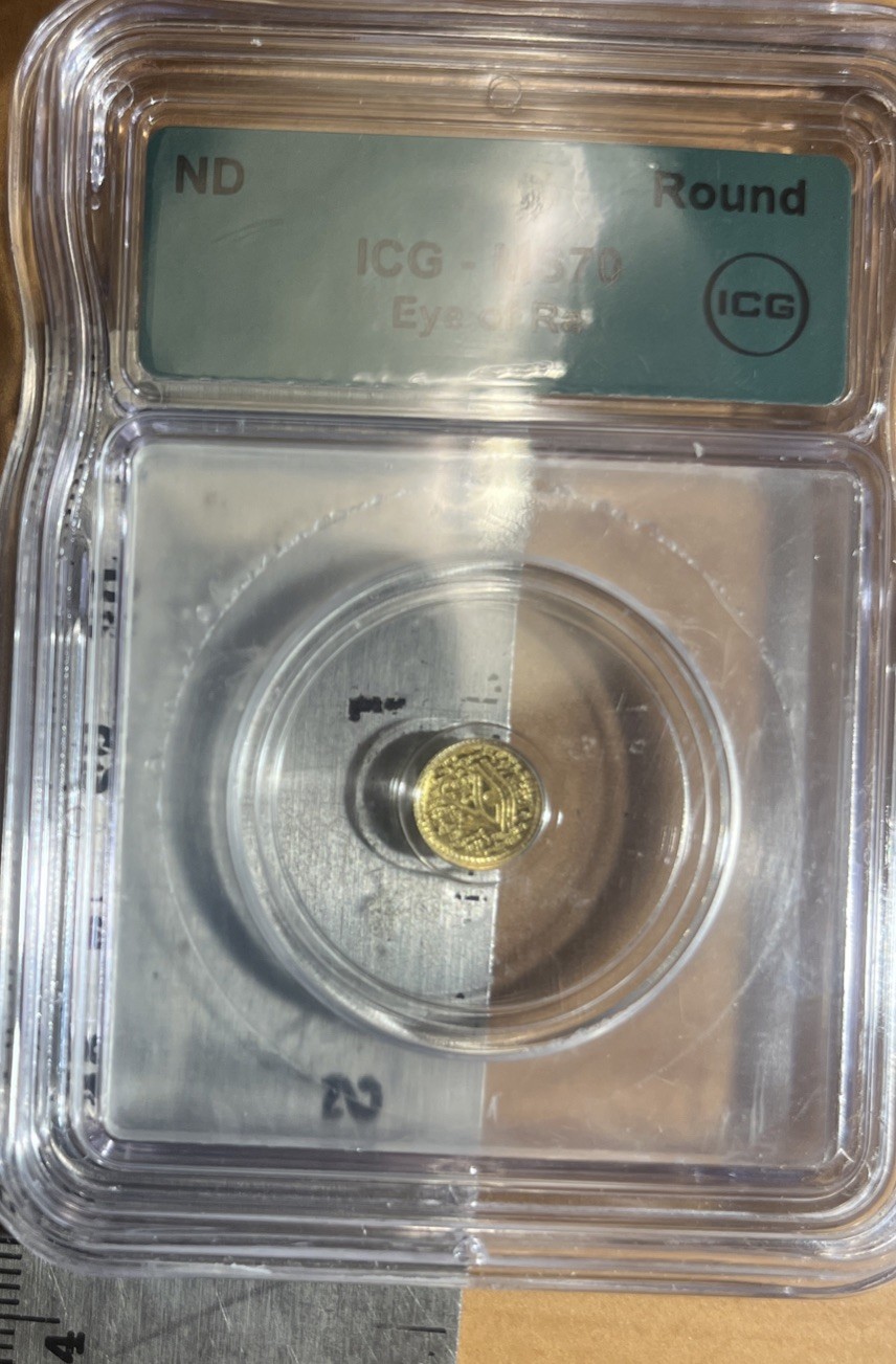 ICG Eye Of Ra Gold Round MS70 Bullion 1/500th Oz .999 Pure Metal Monarch Mint