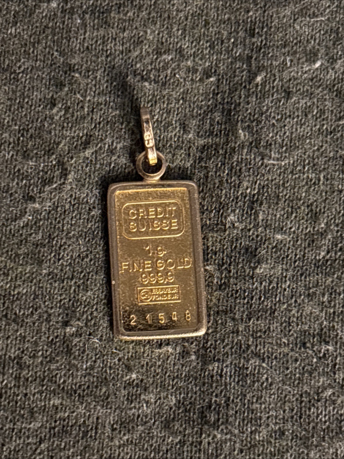 Credit Suisse 1 Gram 24K Gold 999.9 Gold Bar Pendant W 18K Bezel 1.3 Grams