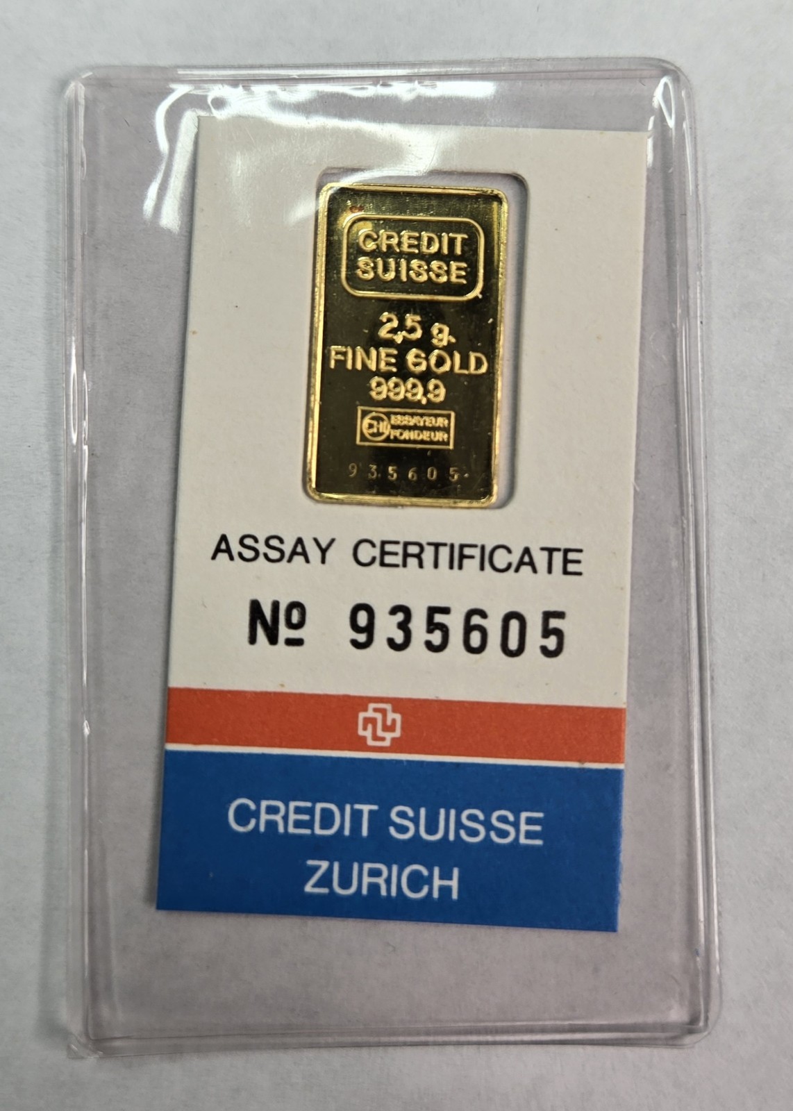 Credit Suisse Zurich 2.5g Fine Gold 999.9 Assay Certificate