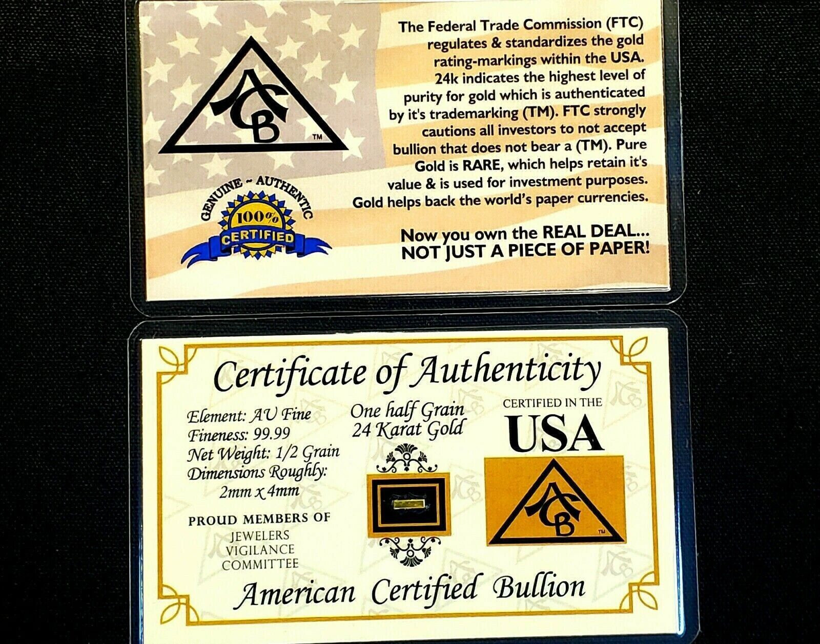 x2 GOLD ACB 1/2GRAIN 24K SOLID BULLION BAR 9999 FINE CERT/AUTHENTICITY….$