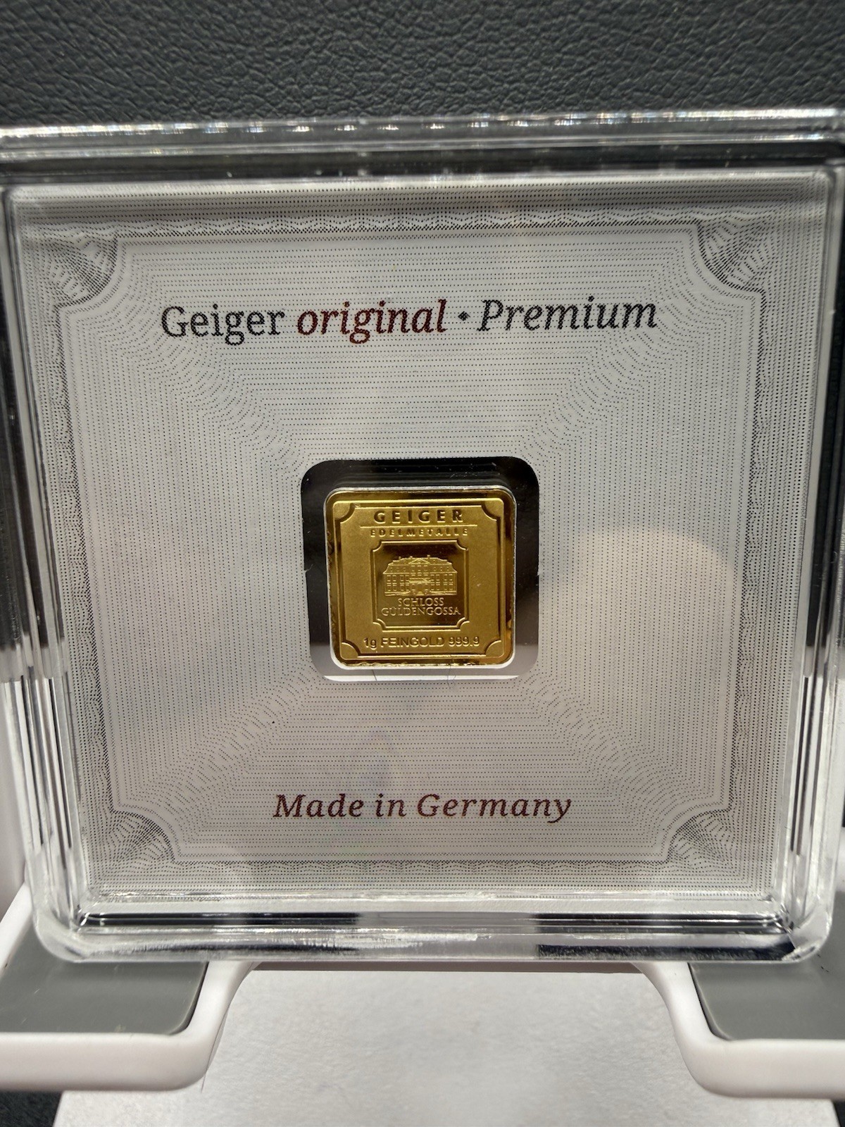 1 Gram Geiger 24K Gold 999.9 Bullion Certified in Assay Square Bar