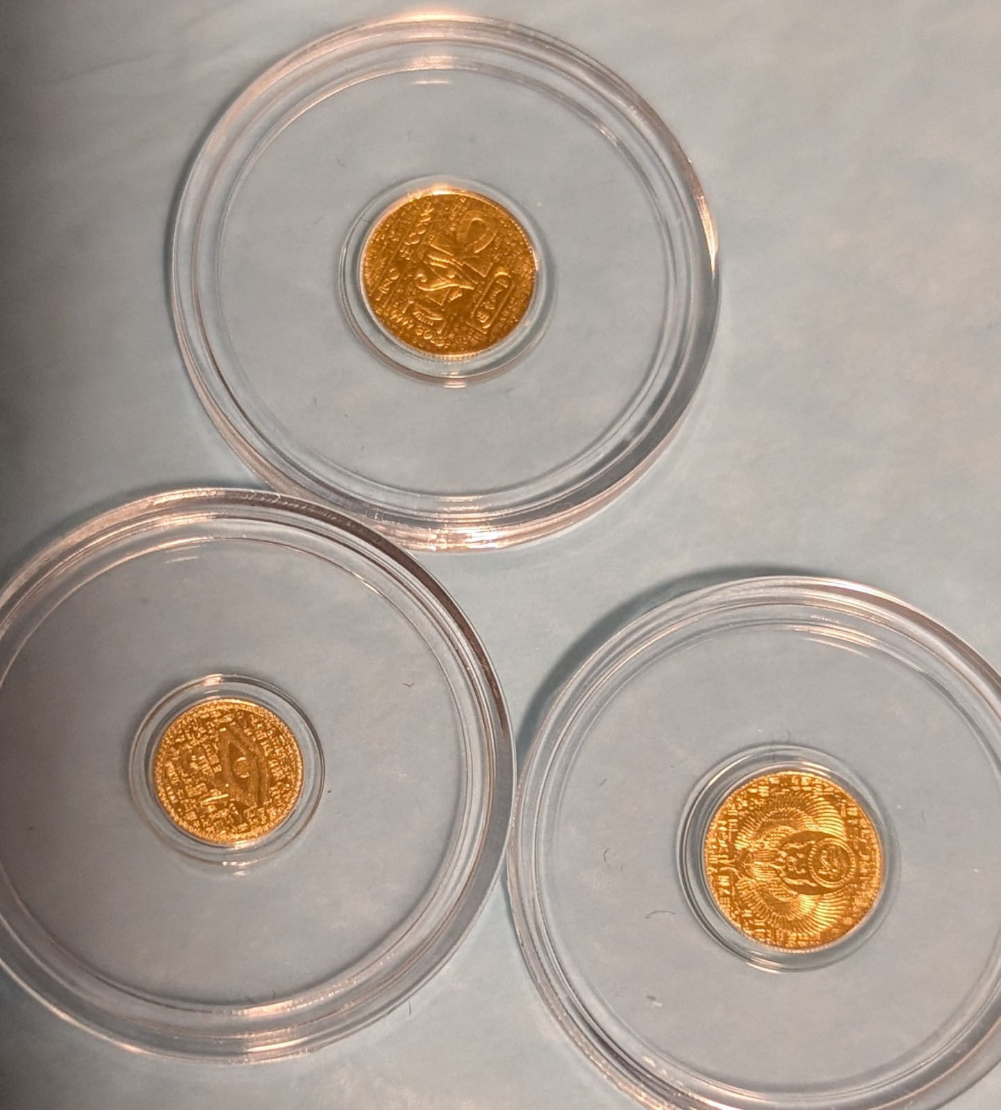 Lot of 3 .9999Pure Gold Rounds-2 1/200 oz Egyptian Scarab & 1 1/500 oz Eye of Ra
