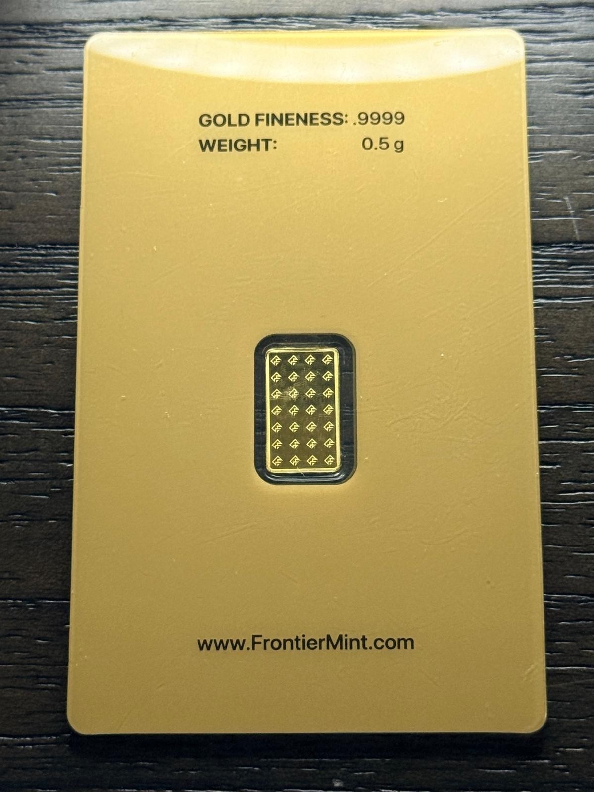 Frontier Mint 0.5g Gold Bar .9999 Fine Pure Gold Sealed In Assay Card 1/2 Gram