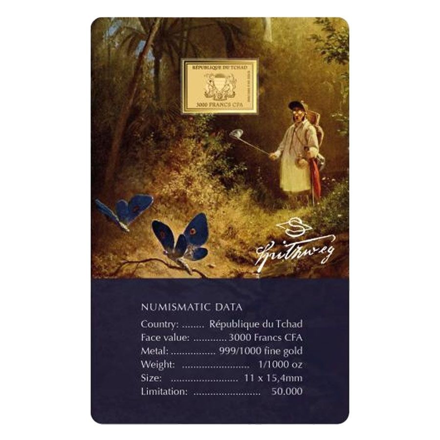 Carl Spitzweg Butterfly Hunter 1/1000 Oz Gold Coin 3000 Francs Chad 2024