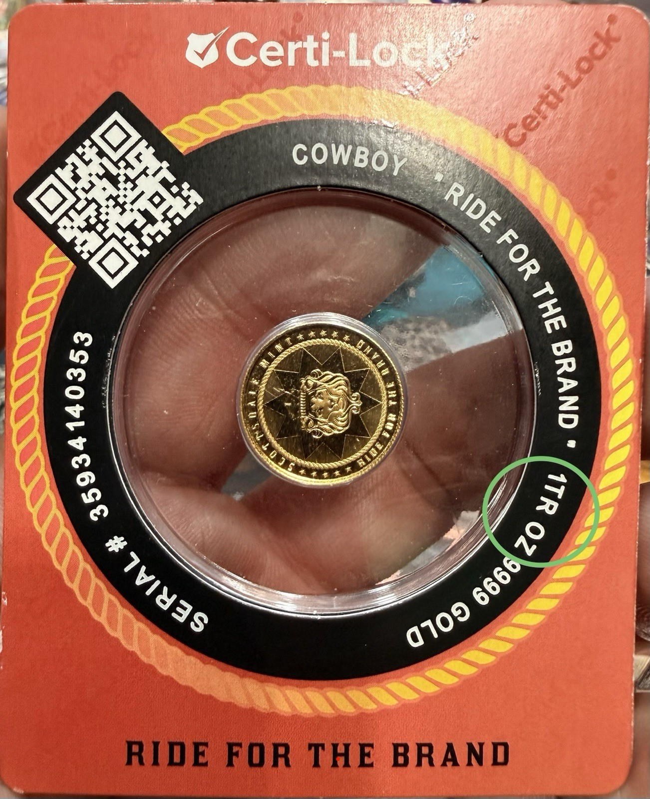 1/10 oz Scottsdale Cowboy with Buffalo Privy Gold Round w/ Error Packaging