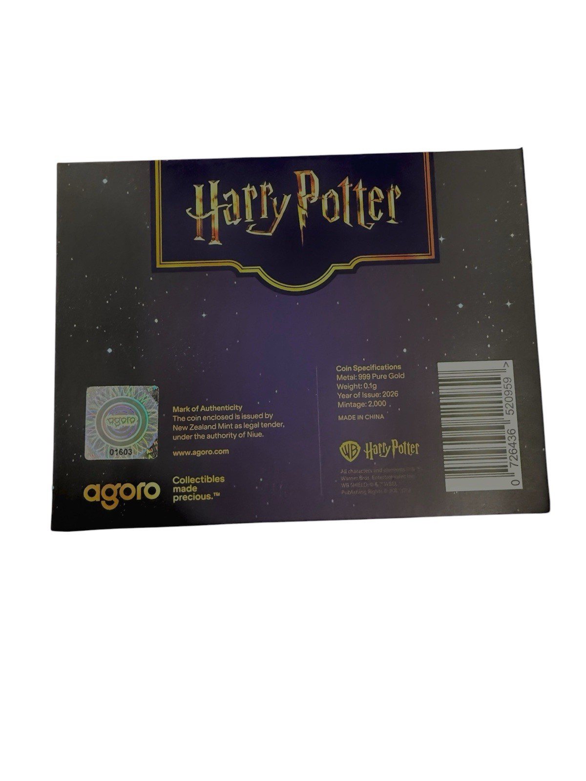 2026 Agoro Niue Harry Potter Golden Snitch 0.1g Gold Proof Coin 1603/2000