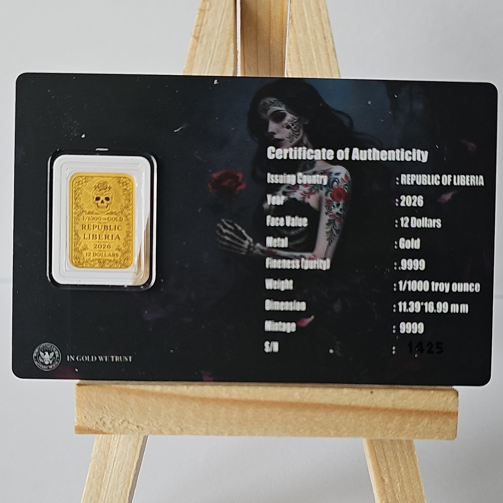 1/1000 oz Gold Bar Republic of Liberia 2026 Dia de los Muertos Roses .9999 Fine