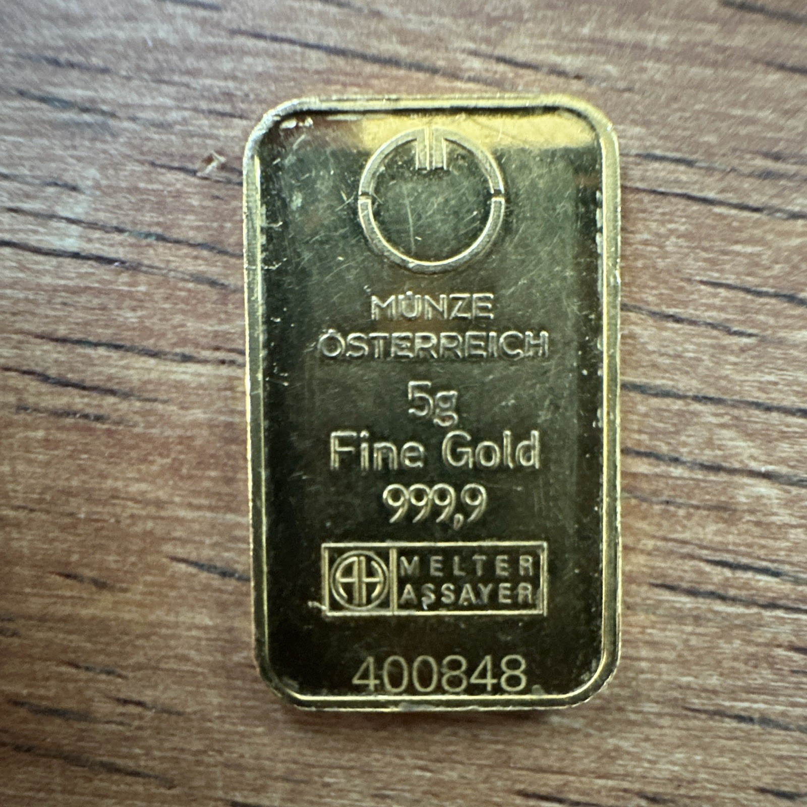 Münze Österreich 5g Gold Bar .9999 Fine Gold Melter Assayer Serial 400848