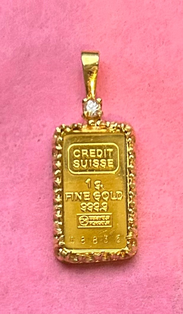 Credit Suisse 1 gram Gold Bar .999 ~ in 14 kt Gold Frame with Diamond ~2.6 grams