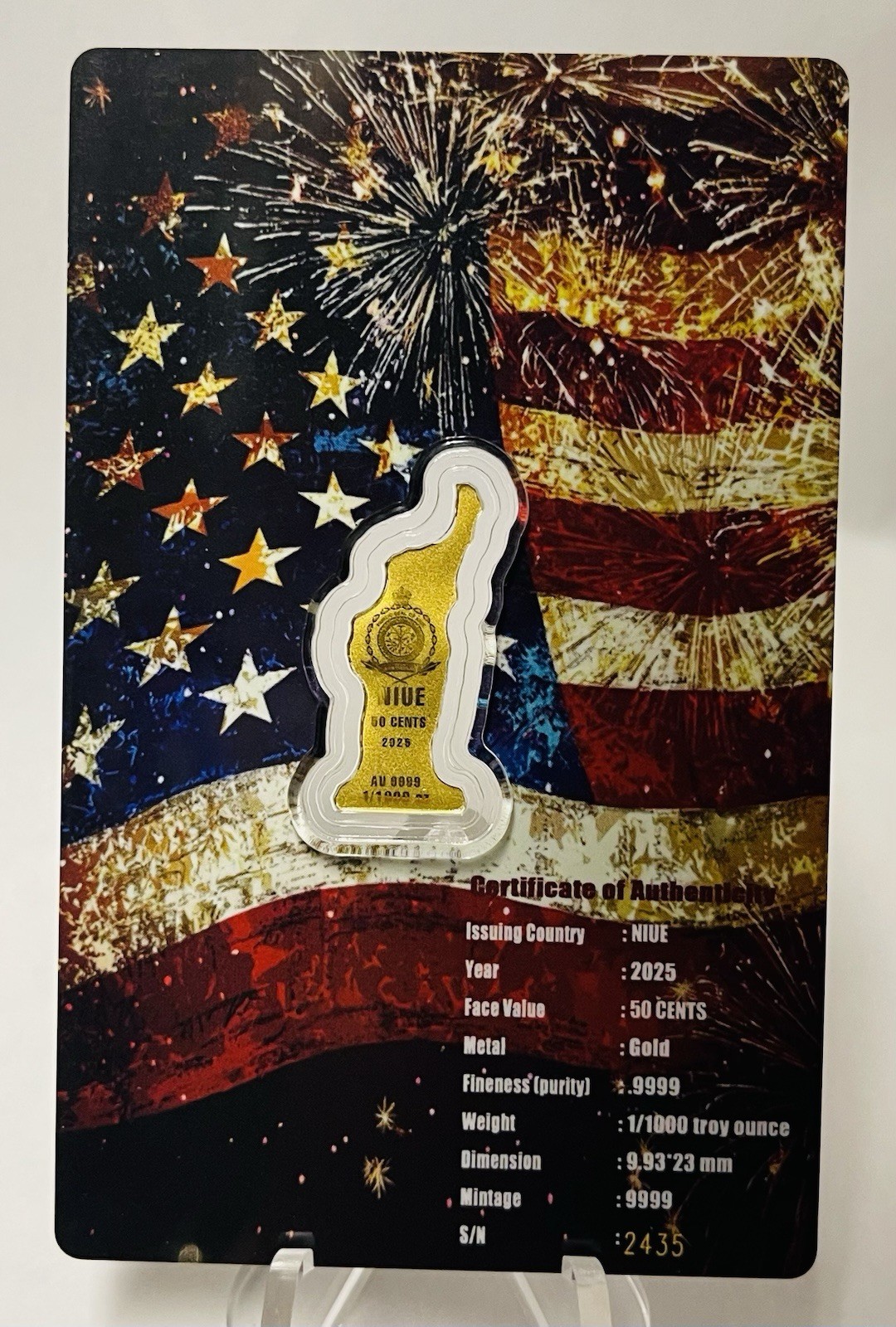 ⭐️Niue 2025 Statue of Liberty-Shaped Gold Bar 1/1000 oz .9999 Fine Gold.