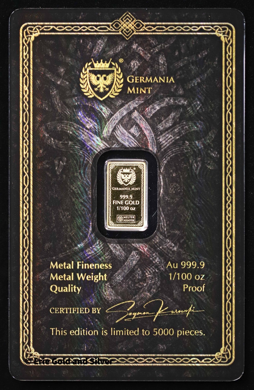 Germania Mint 1/100 oz Gold Bar Odin in Assay Card