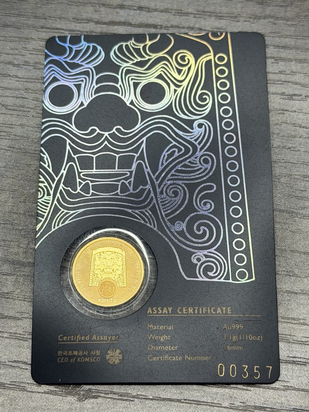 1/10 Oz Gold Coin Chiwoo Cheonwang With Black Assay Card South Korean Au999