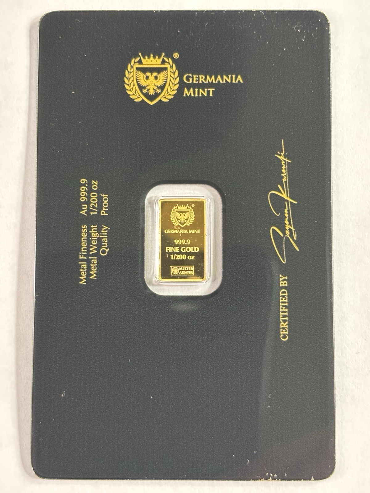 Germania Mint 1/200oz Gold Lady Germania Proof Bar in Safepack Assay Card